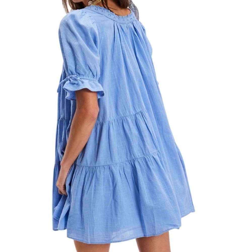 Free People Sandy Shores Tiered Babydoll Mini Dress Cornflower Blue Size Medium - Picture 2 of 13
